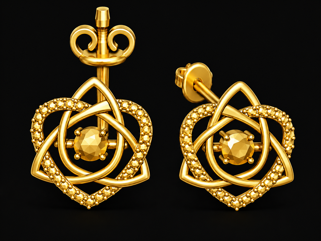 MokshaGoldSculptures Celtic Trinity Knot Heart Stud Earrings in 9K gold, silver, or brass with textured finish.