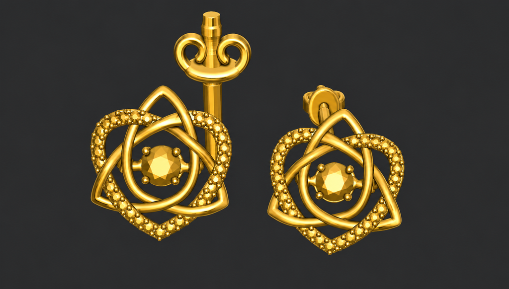 The Celtic Trinity Knot Heart Stud Earrings in 9K gold by MokshaGoldSculptures, classic Irish knot design.