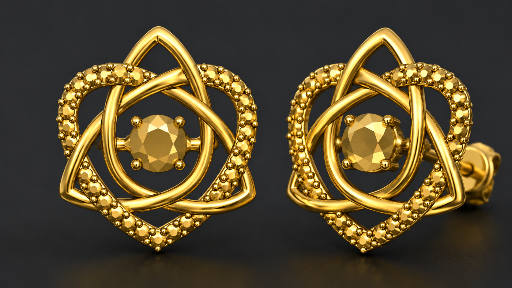Celtic Trinity Knot Heart Stud Earrings in 9K gold by MokshaGoldSculptures, bead detail, yellow gemstone center.