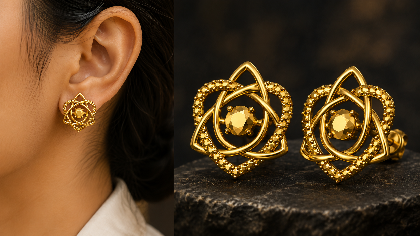 Celtic Trinity Knot Heart Stud Earrings in 9K gold by MokshaGoldSculptures; silver and brass Irish knot jewelry displayed.