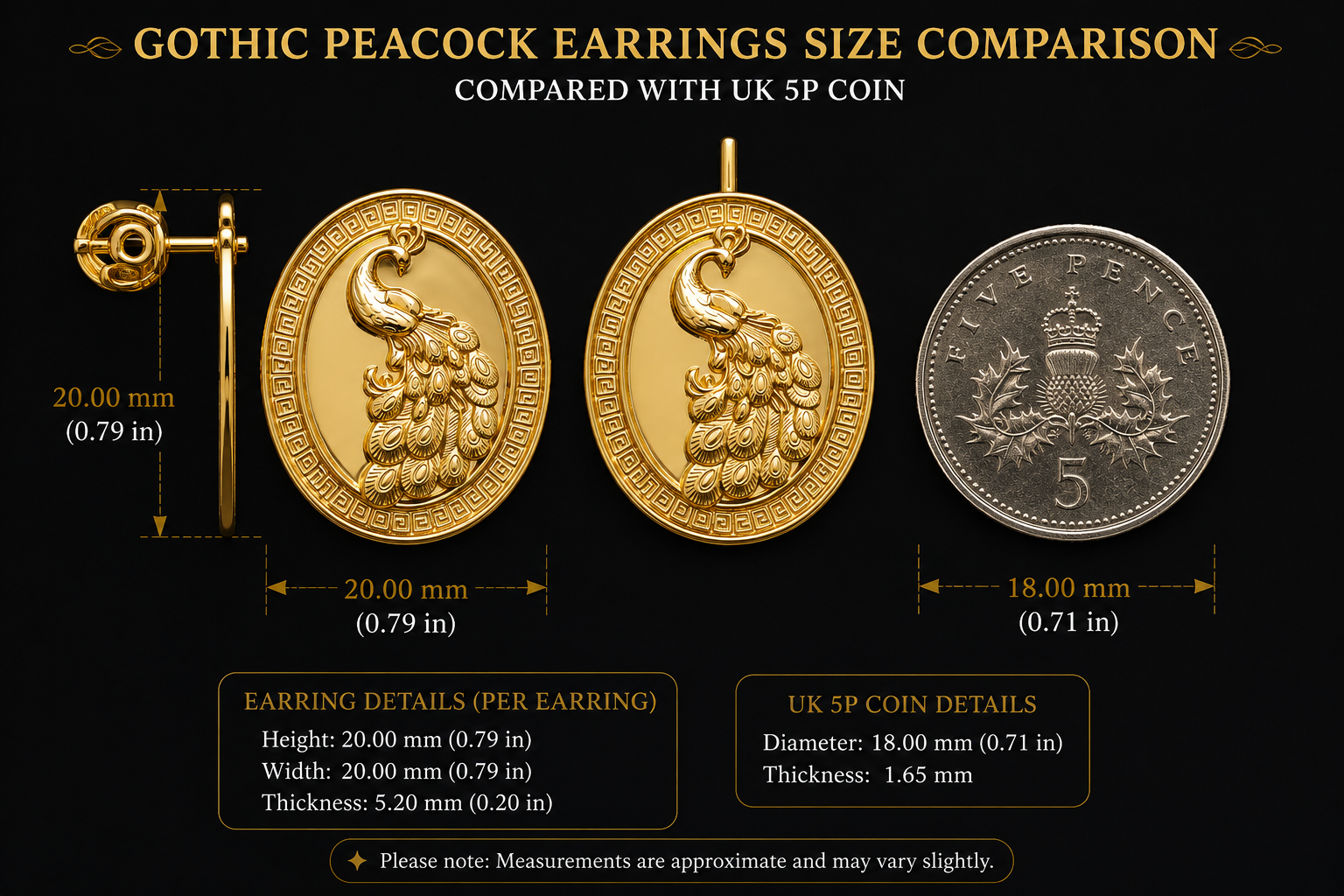 Gothic Peacock Stud Earrings – Solid 9K Gold, Sterling Silver 925 or Polished Yellow Brass – Vintage Peacock Earrings – Nature Inspired Bird Jewelry – Screw Back Earrings