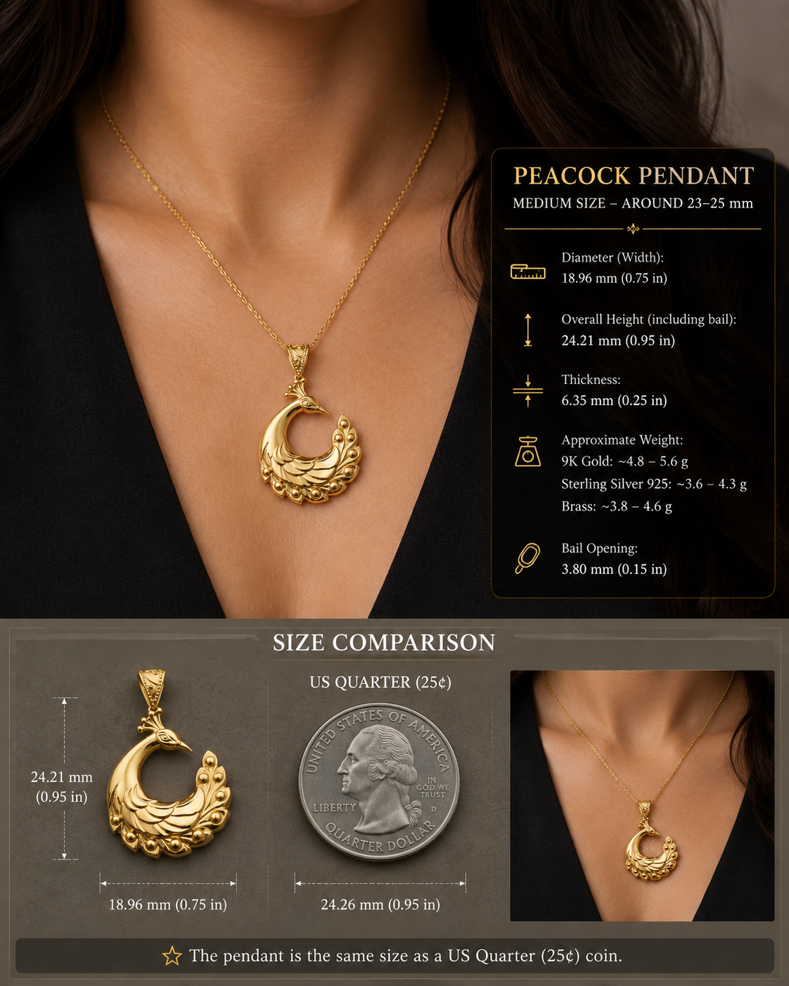 Peacock Pendant Necklace 25mm | 9K Solid Gold, Sterling Silver 925 or Polished Yellow Brass | Art Nouveau Peacock Necklace | Nature Inspired Bird Jewelry | Made to Order