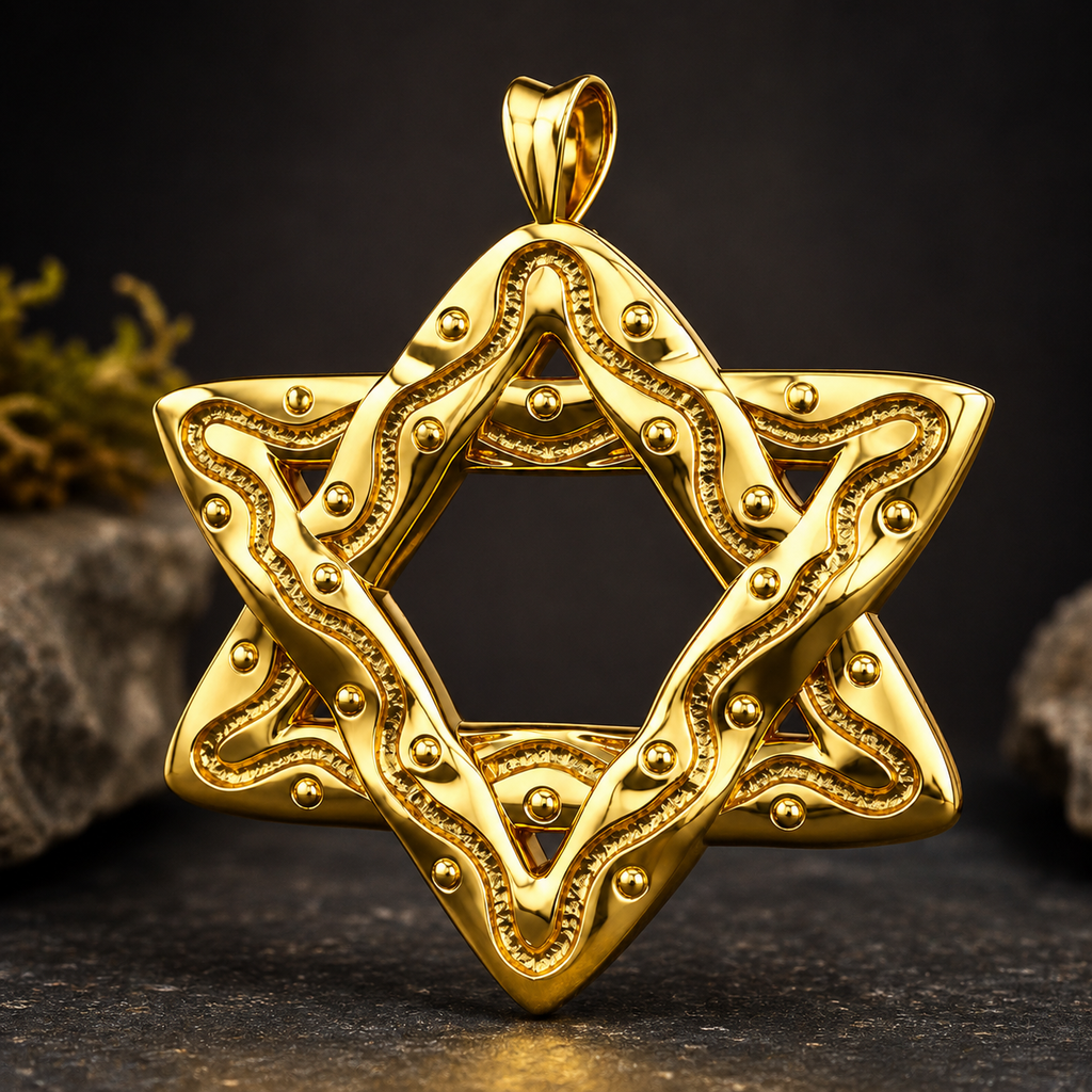 The Interwoven Star of David Pendant Necklace in polished yellow brass by MokshaGoldSculptures.