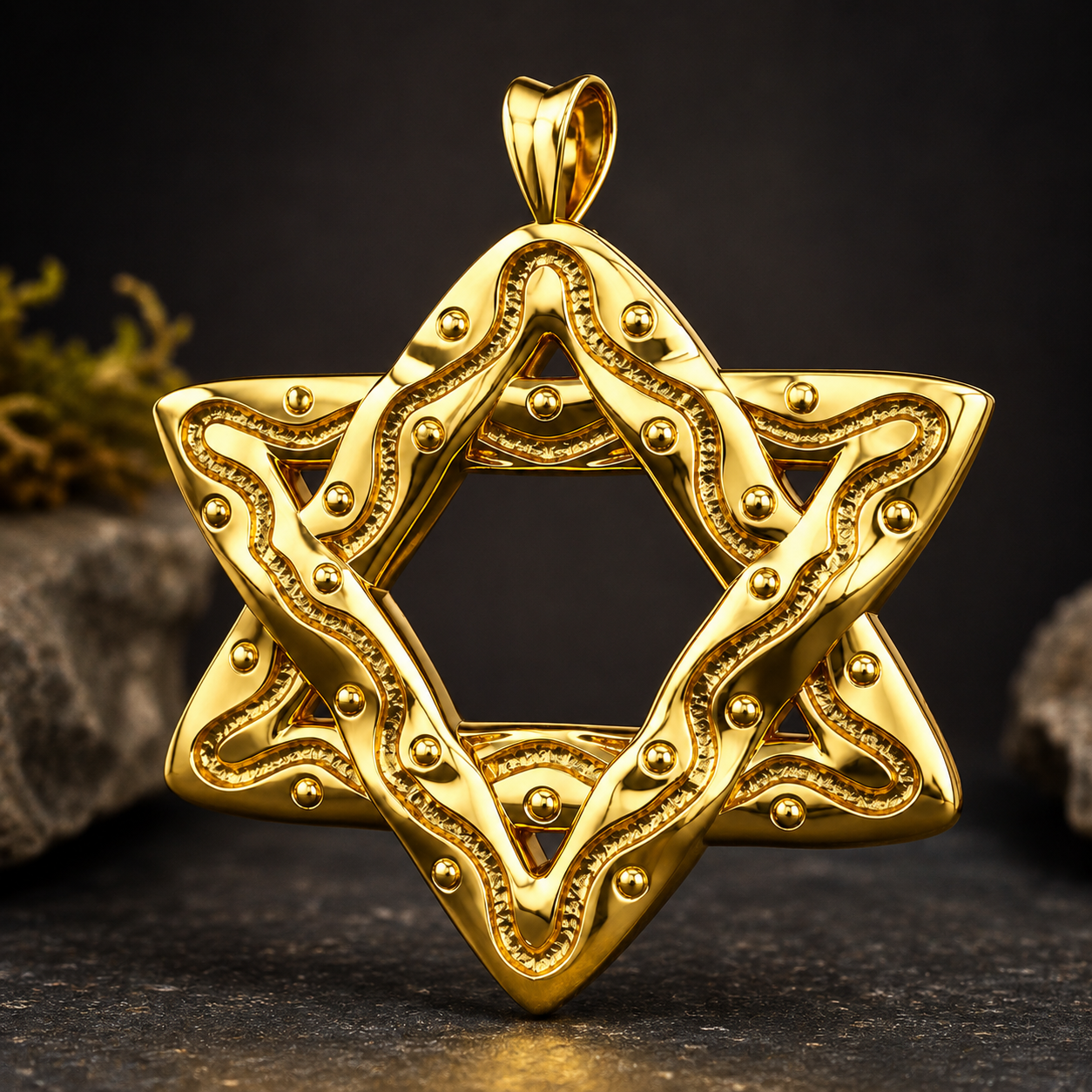 The Interwoven Star of David Pendant Necklace in polished yellow brass by MokshaGoldSculptures.