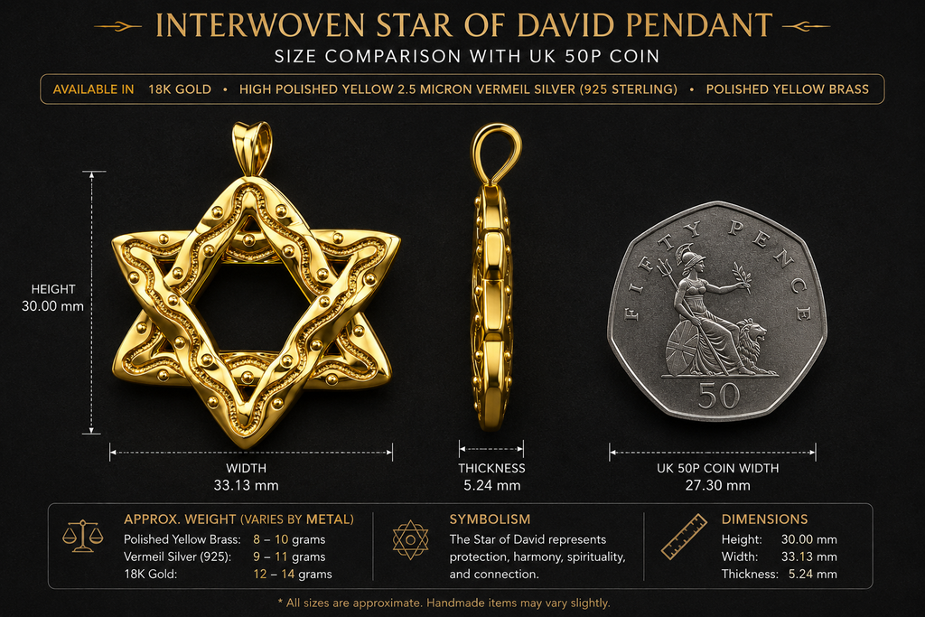 Interwoven Star of David Pendant Necklace in polished yellow brass by MokshaGoldSculptures, shown with a UK 50p coin for size.