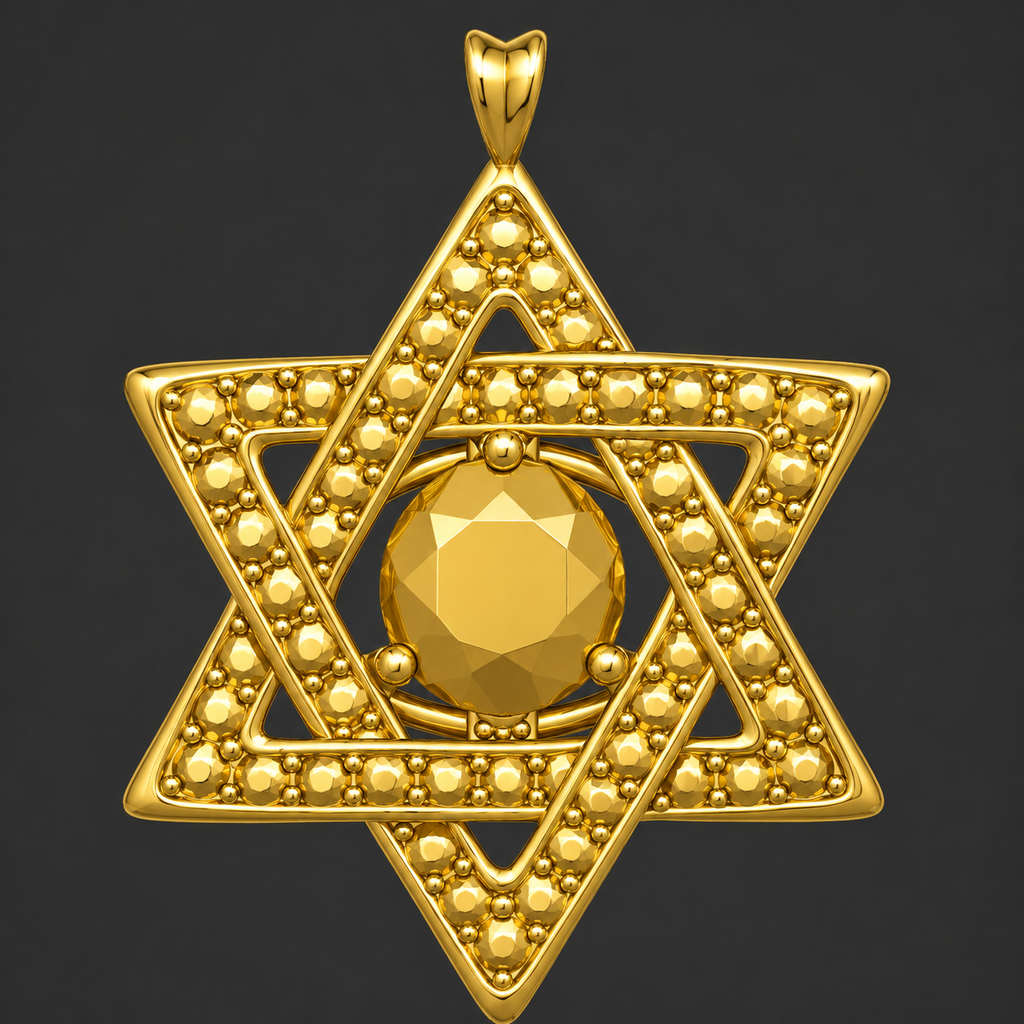 The Star of David Pendant Necklace in 18K gold by MokshaGoldSculptures with beaded texture and yellow gemstone.