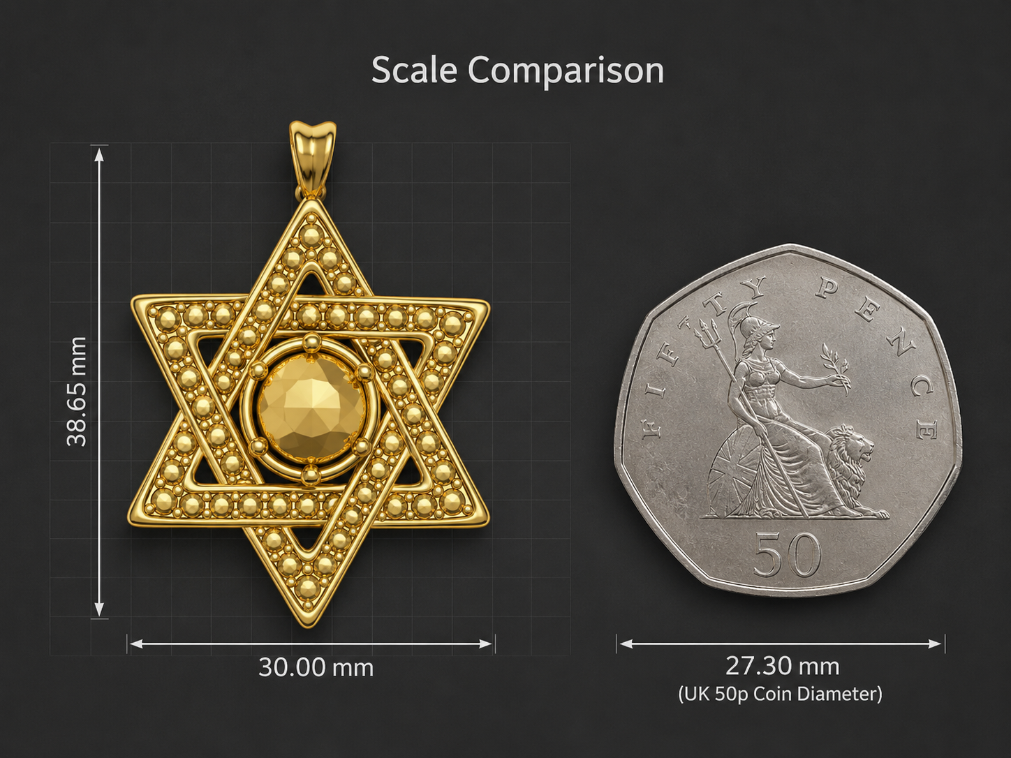 Star of David Pendant Necklace in 18K gold by MokshaGoldSculptures, shown beside a UK 50p coin for scale.