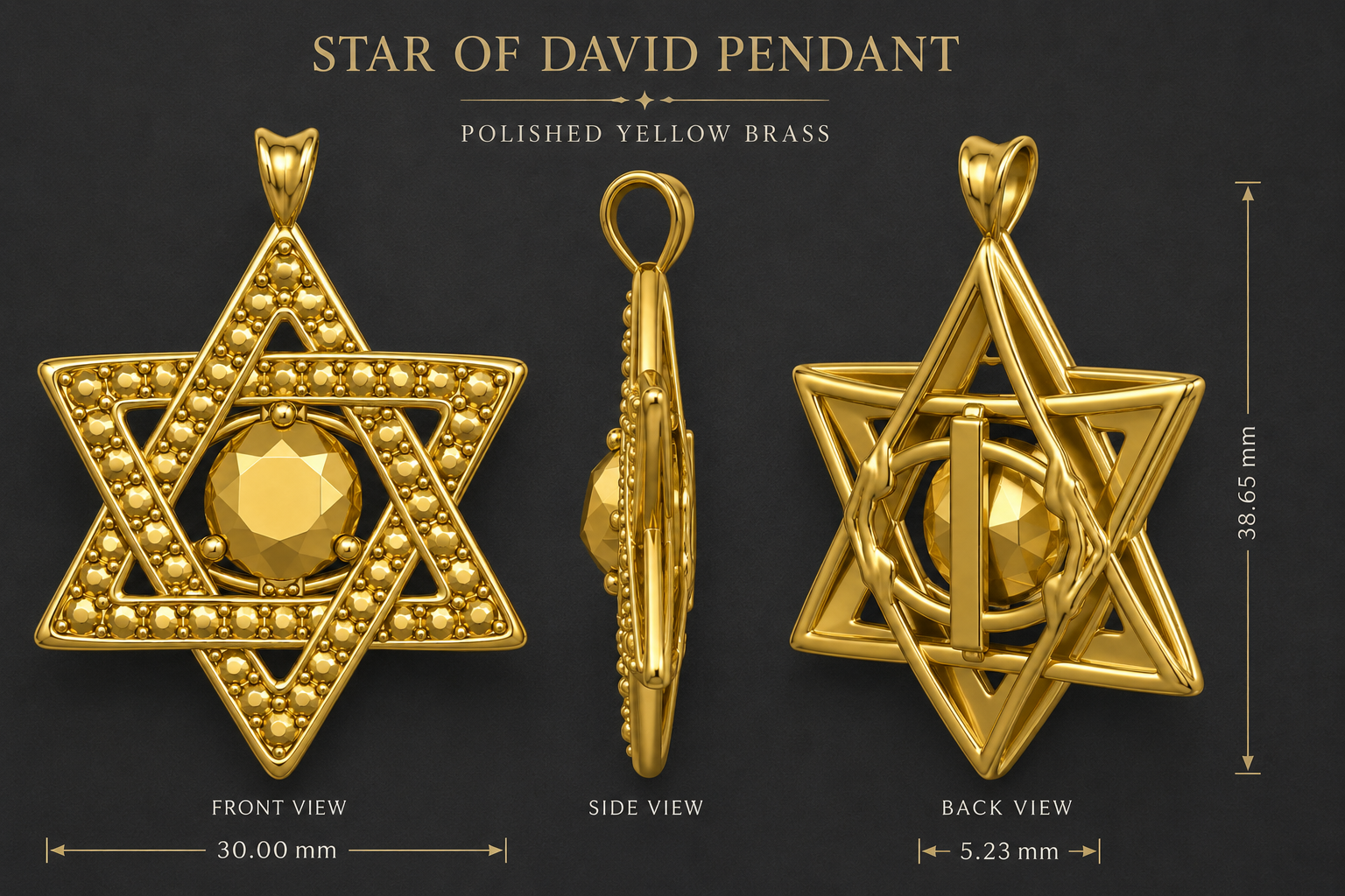 Star of David Pendant Necklace in polished yellow brass by MokshaGoldSculptures, features beaded hexagram design.