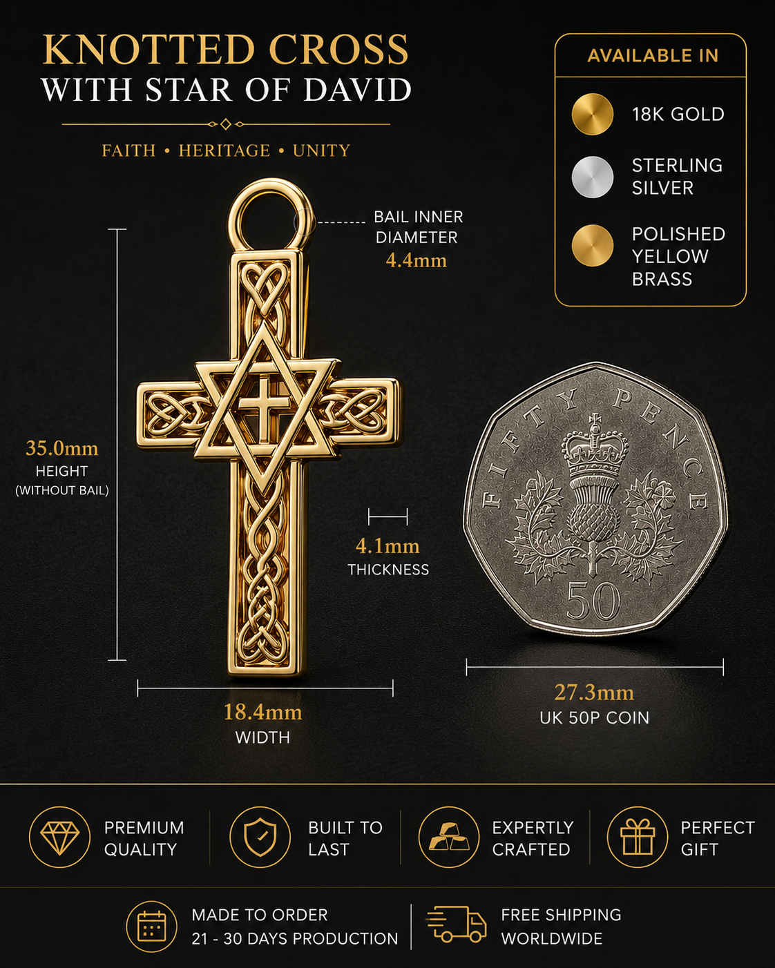 Celtic Cross with Star of David Pendant Necklace | Interfaith Jewellery | 18K Gold & Sterling Silver