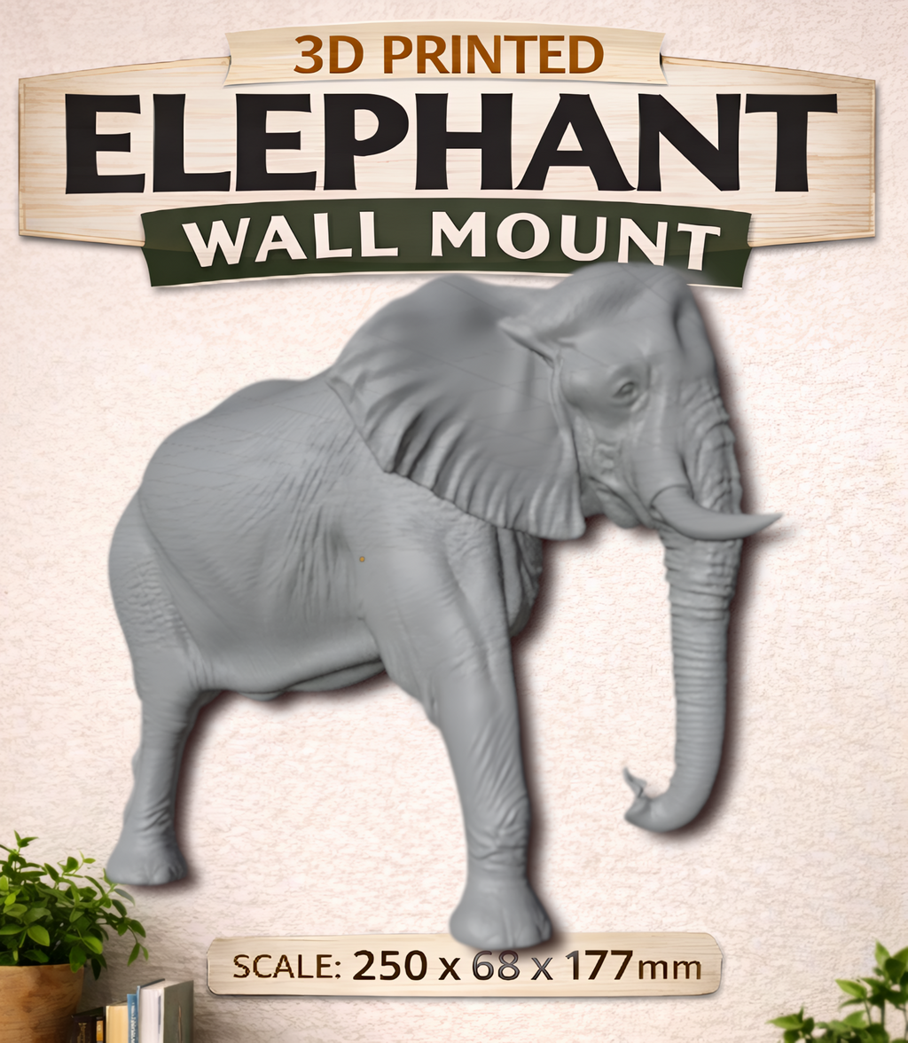 Elephant Wall Mount 3D Print | Wildlife Wall Decor | PLA Grey Sculpture | Large Animal Wall Art | 250mm Elephant Relief