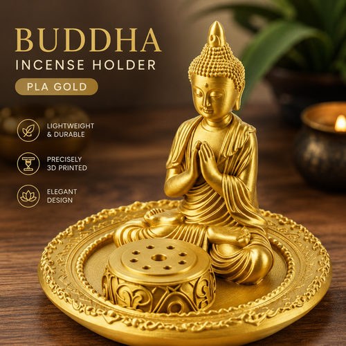 The Buddha Incense Holder Tray in gold PLA resin by MokshaGoldSculptures, with an elegant, detailed finish.