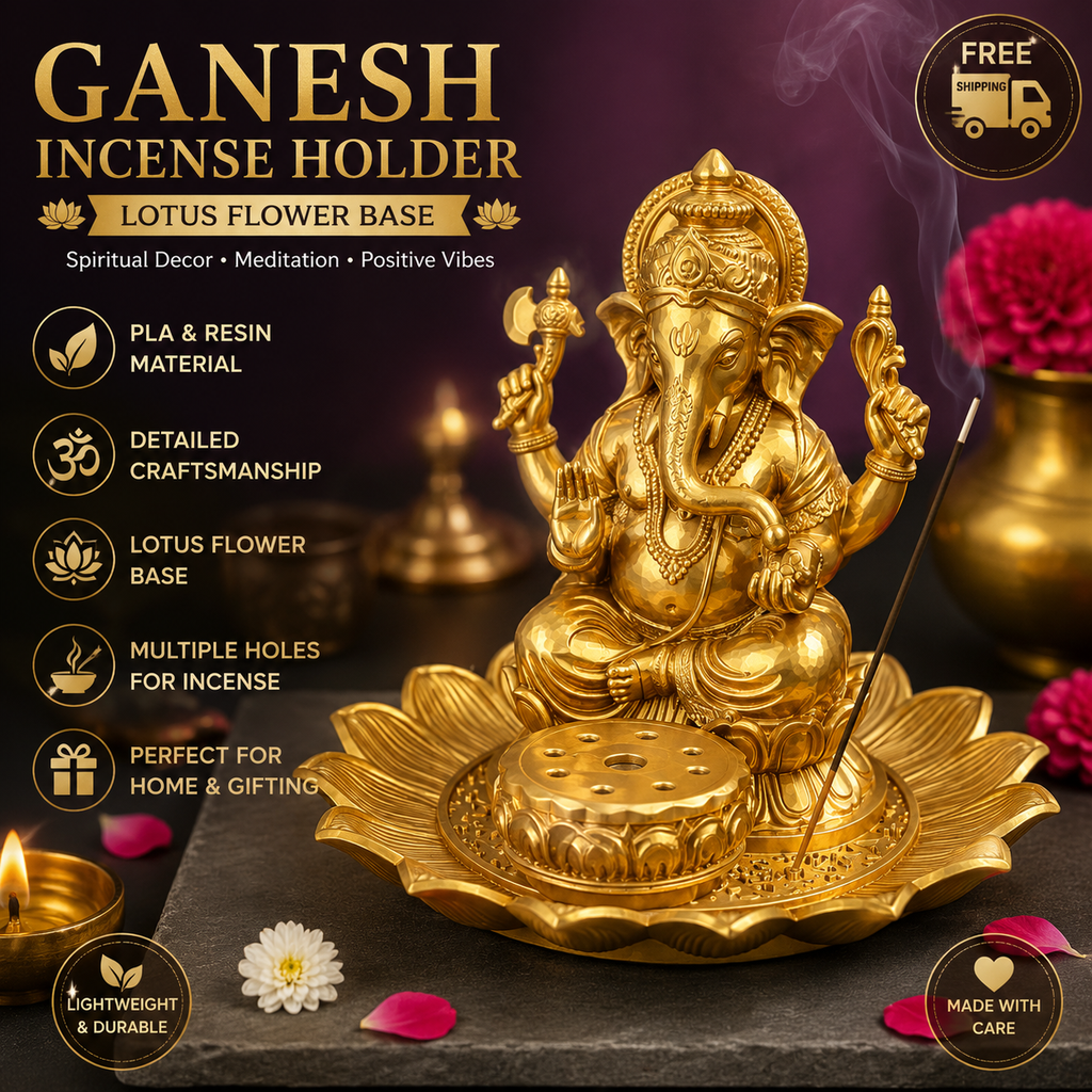 Golden Ganesh Incense Holder with Lotus Base – PLA 3D Printed Spiritual Decor – Meditation Ash Catcher – Hindu Home Temple Gift – Free Shipping