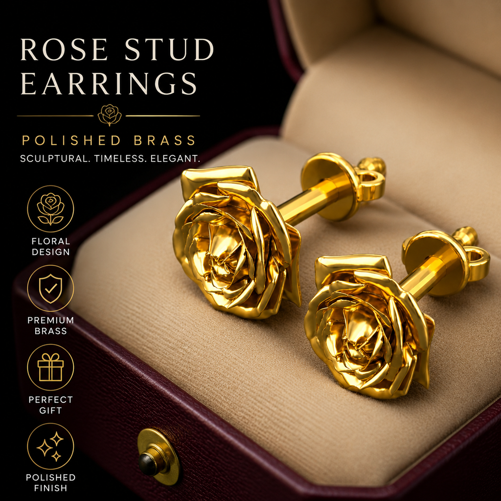 Polished brass rose stud earrings by MokshaGoldSculptures, sculptural floral design, shown in an open box.