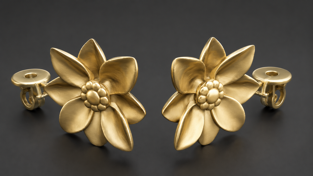 Flower stud earrings in polished brass matte finish by MokshaGoldSculptures, detailed multi-petaled floral design.