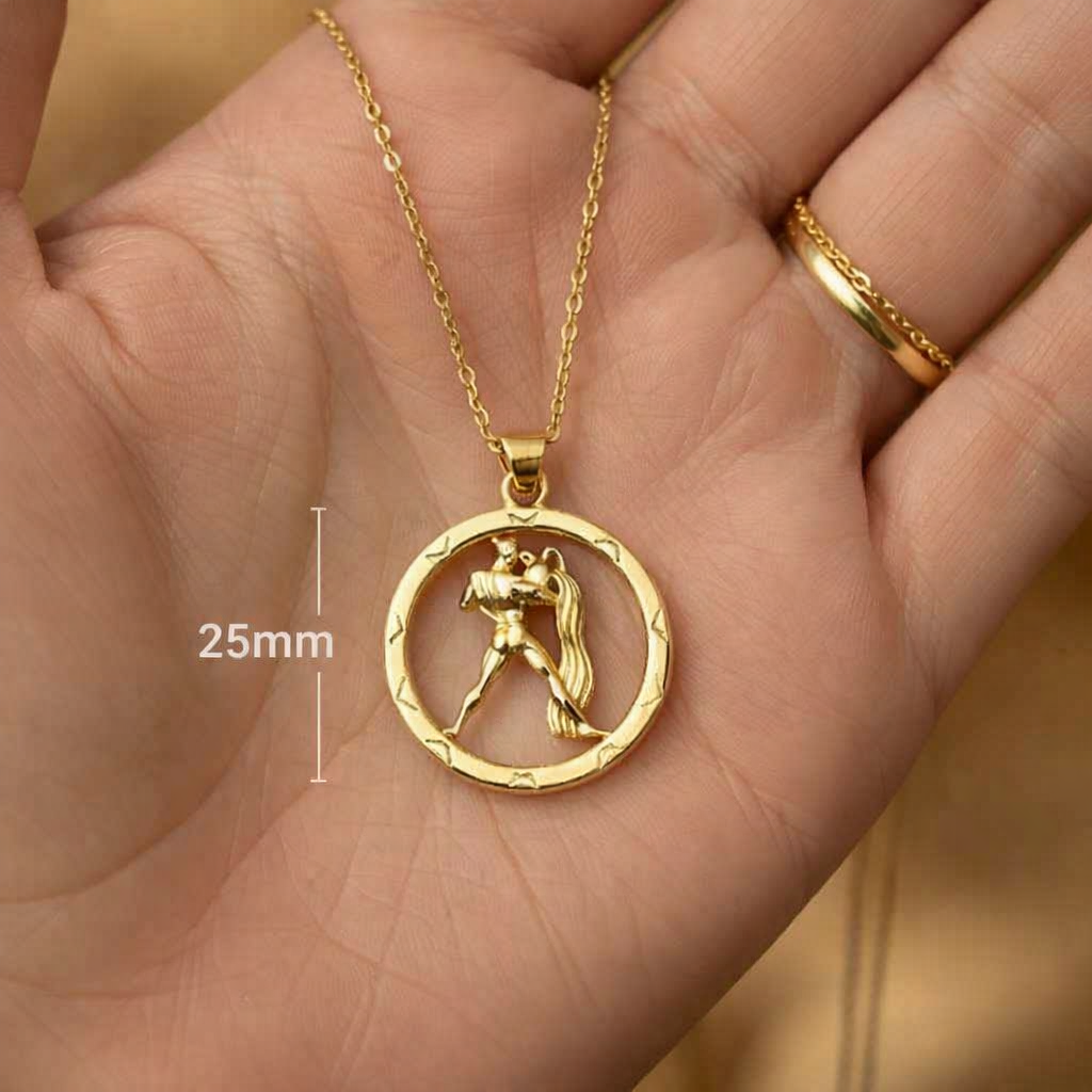 25mm Aquarius Zodiac Pendant Necklace, Men's Water Bearer Necklace, 9K Gold, Sterling Silver or Brass, Astrology Jewellery Gift