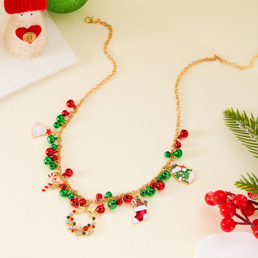 Christmas Charm Necklace - Santa Claus Wreath Bell Tree Rhinestone Pendant