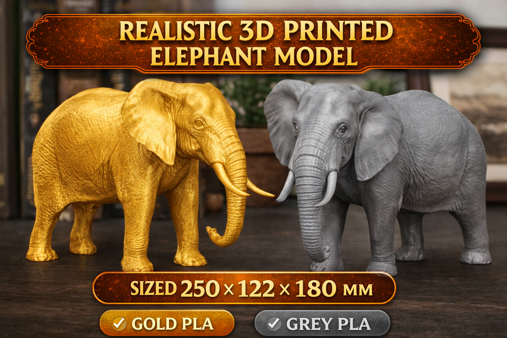 Elephant Sculpture 3D Print | Wildlife Decor Model | Large Display Animal | Gold Grey PLA | 250mm Elephant Figurine Gift