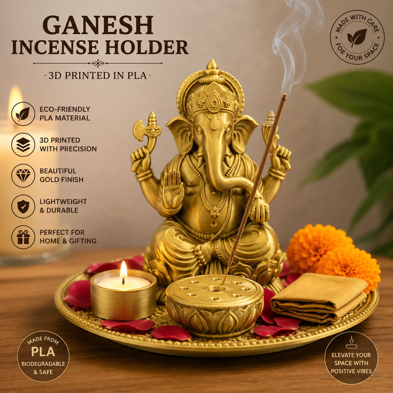 Ganesh Incense Holder Tray – PLA & Resin Decorative Statue with Incense Disk – Spiritual Home Décor – Meditation Altar Gift – Free UK Shipping