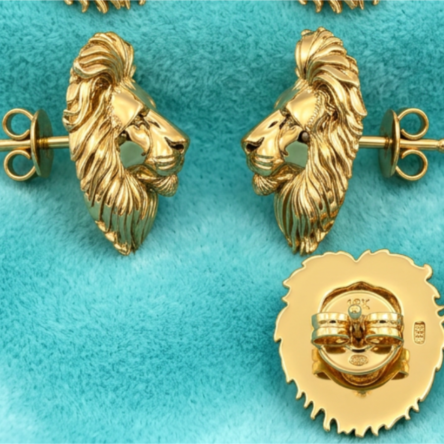 Luxury Lion Head Stud Earrings Polished Gold 15mm Yellow Gold Rose Gold White Gold Animal Statement Jewelry