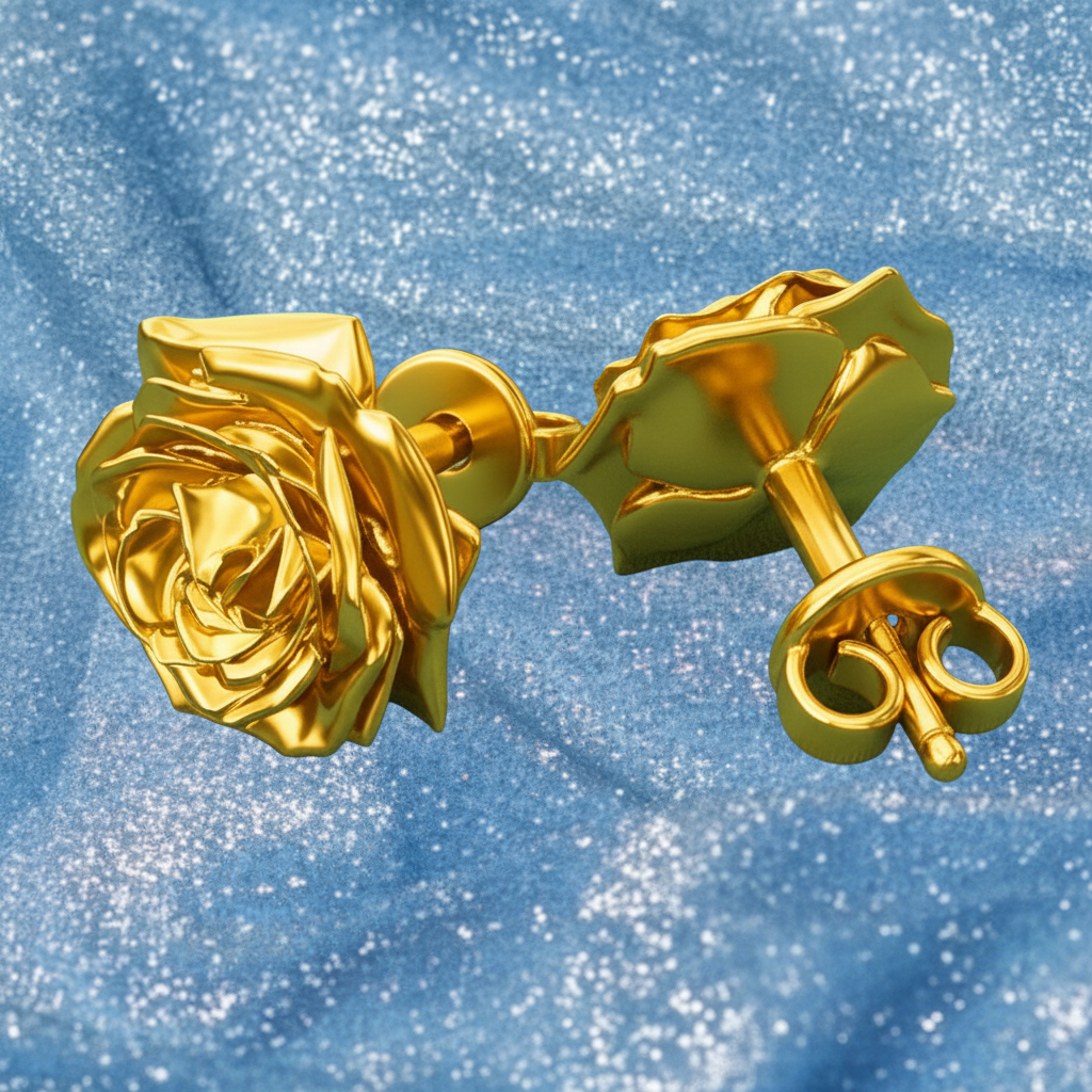 The Rose Stud Earrings in gold finish by MokshaGoldSculptures, 14mm floral studs displayed on blue fabric.