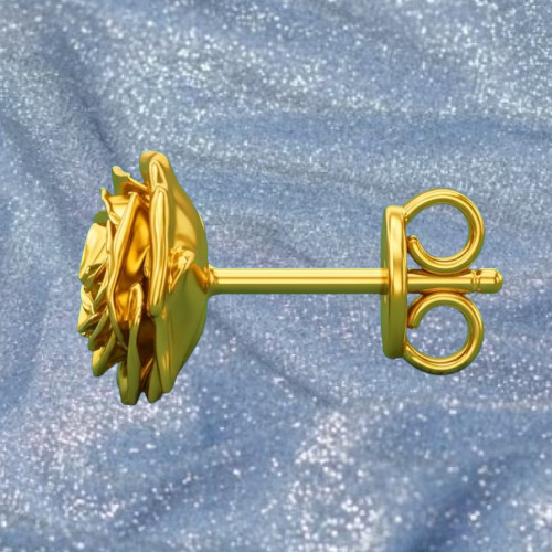 Rose Stud Earrings – Gold Finish (14mm) by MokshaGoldSculptures, sculpted floral studs on blue fabric.