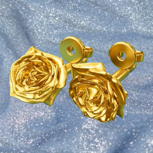 The Rose Stud Earrings – Gold Finish by MokshaGoldSculptures, floral 14mm studs on sparkling light blue fabric.
