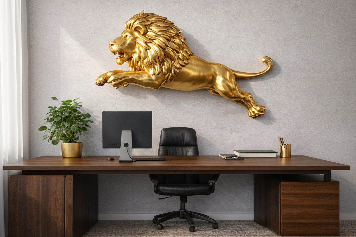 Golden Unicorn Statue in gold finish by MokshaGoldSculptures displayed on a gray wall above a modern office desk.