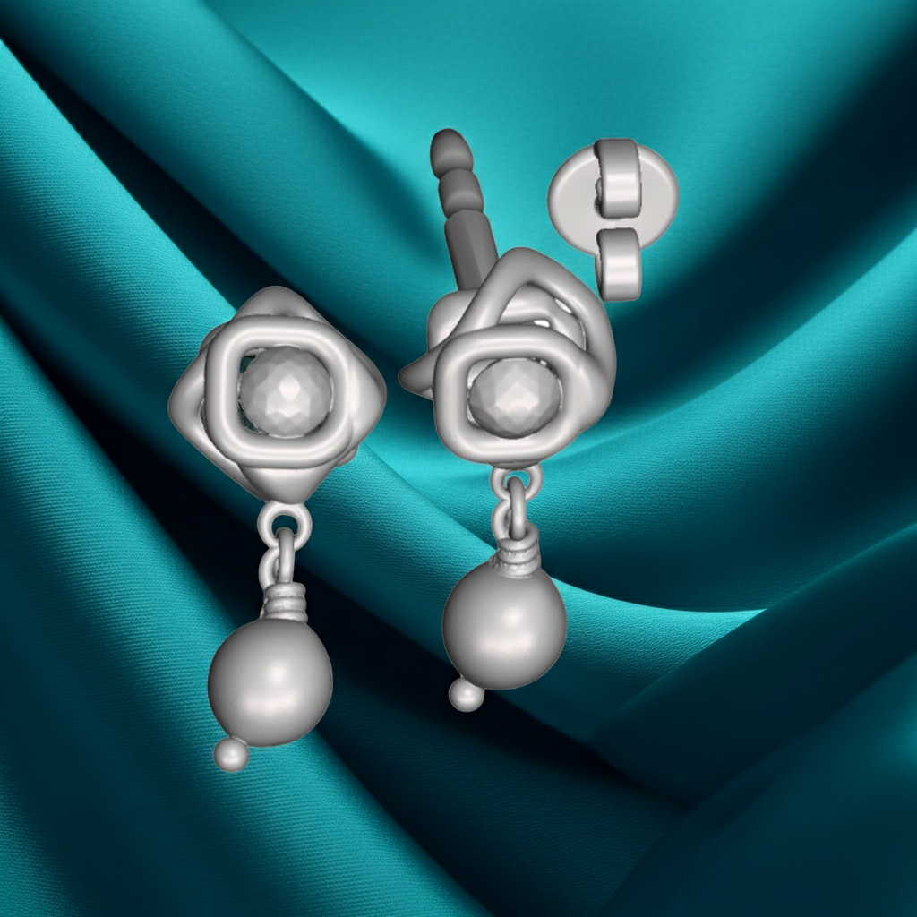 Geometric Pearl Drop Stud Earrings | 30mm Statement Earrings in Silver or Polished Brass | Modern Sculptural Drop Earrings