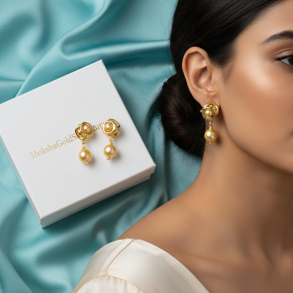 Geometric Pearl Drop Stud Earrings in Gold | 30mm Sculptural Drop Earrings | Lightweight Modern Statement Jewelry