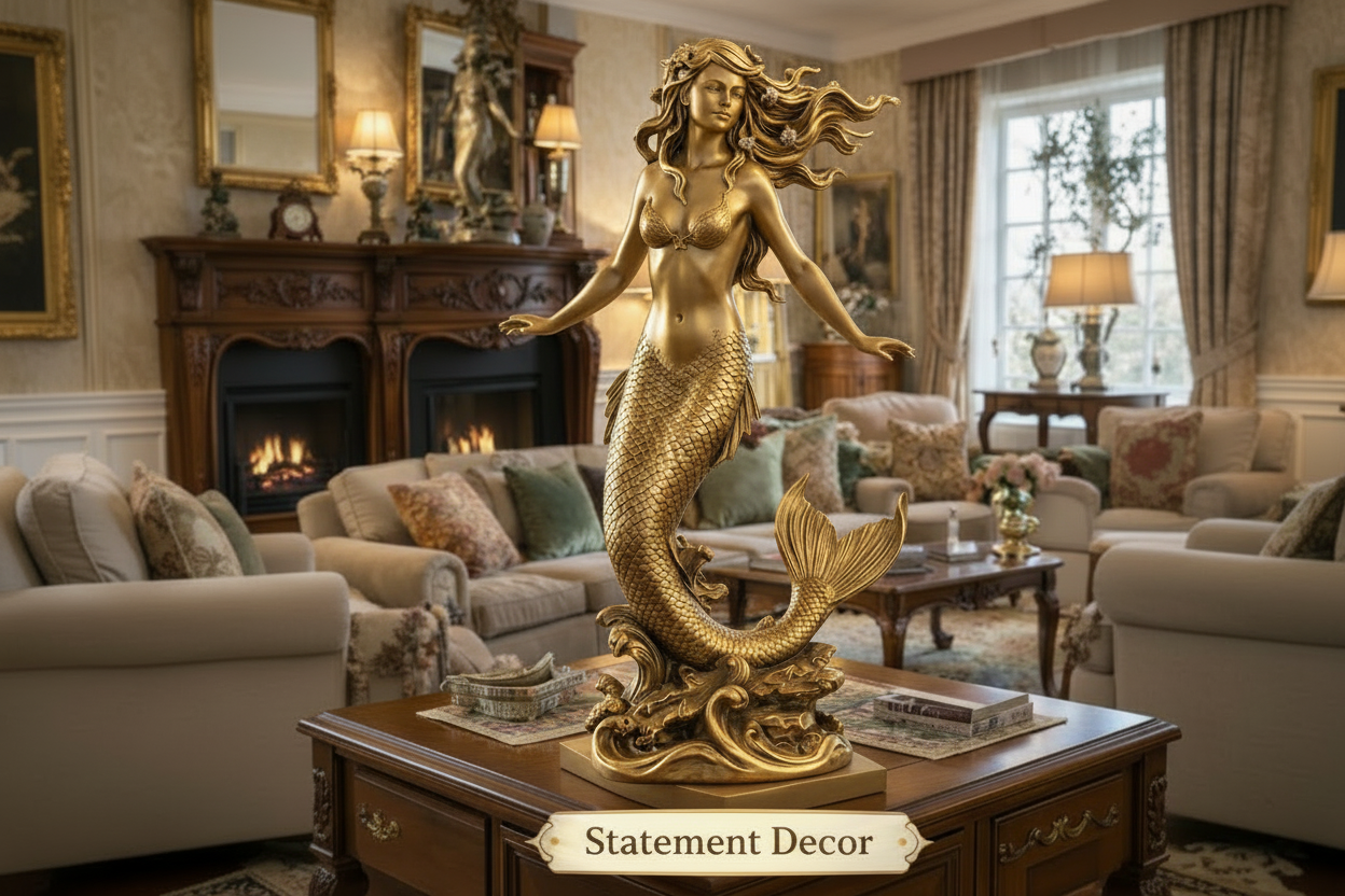 The Golden Mermaid Statue 150mm in gold finish by MokshaGoldSculptures, displayed on elegant living room table.