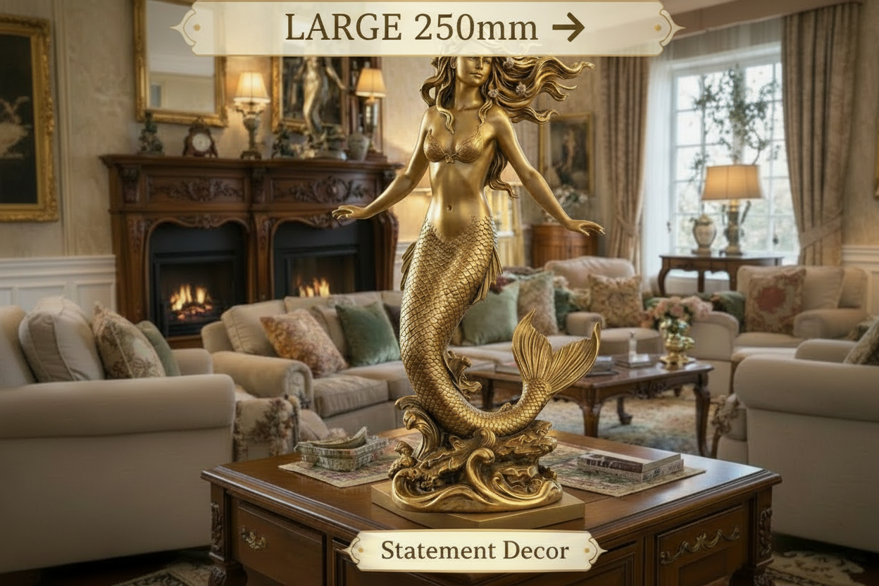 Golden Mermaid Statue 150mm in polished gold by MokshaGoldSculptures displayed on a table.