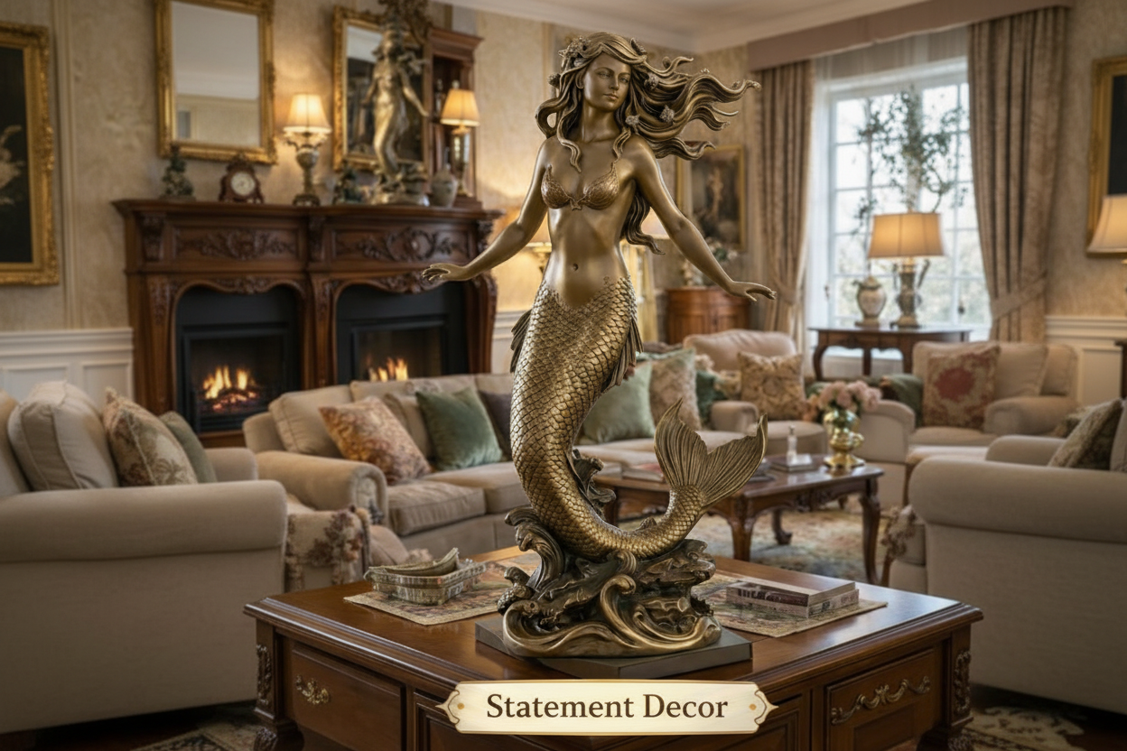 The Golden Mermaid Statue 150mm in polished gold by MokshaGoldSculptures, elegant classic decor background.
