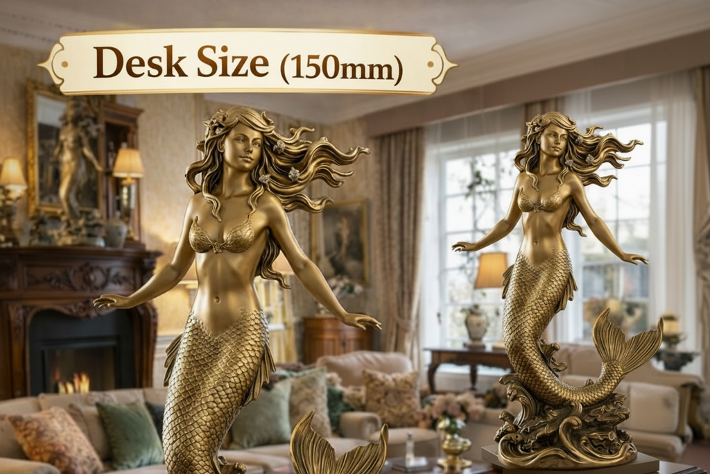 A Golden Mermaid Statue in polished gold finish, 150mm, by MokshaGoldSculptures.
