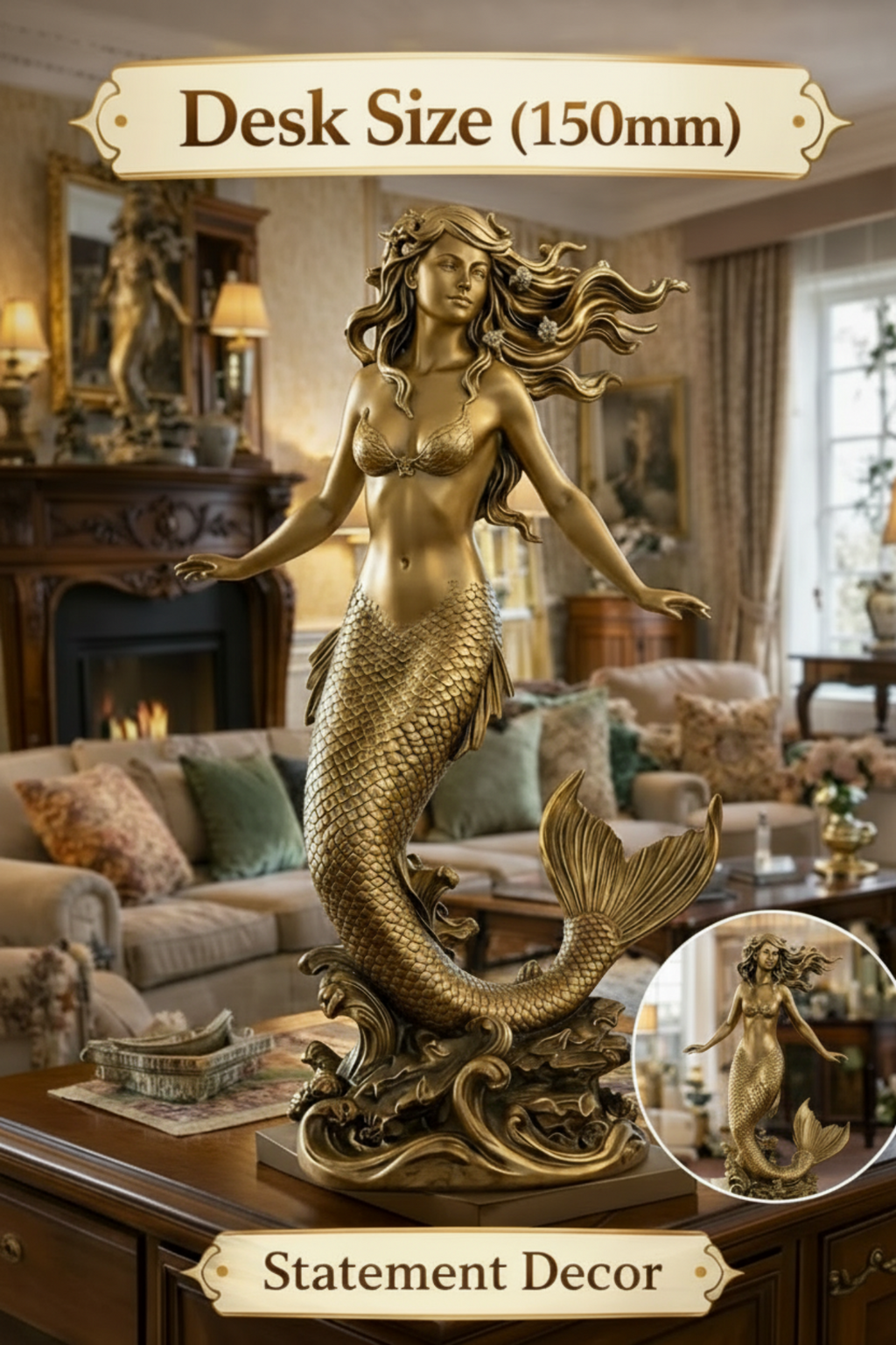 The Golden Mermaid Statue 150mm in gold finish by MokshaGoldSculptures, elegant ocean-themed desk decor.