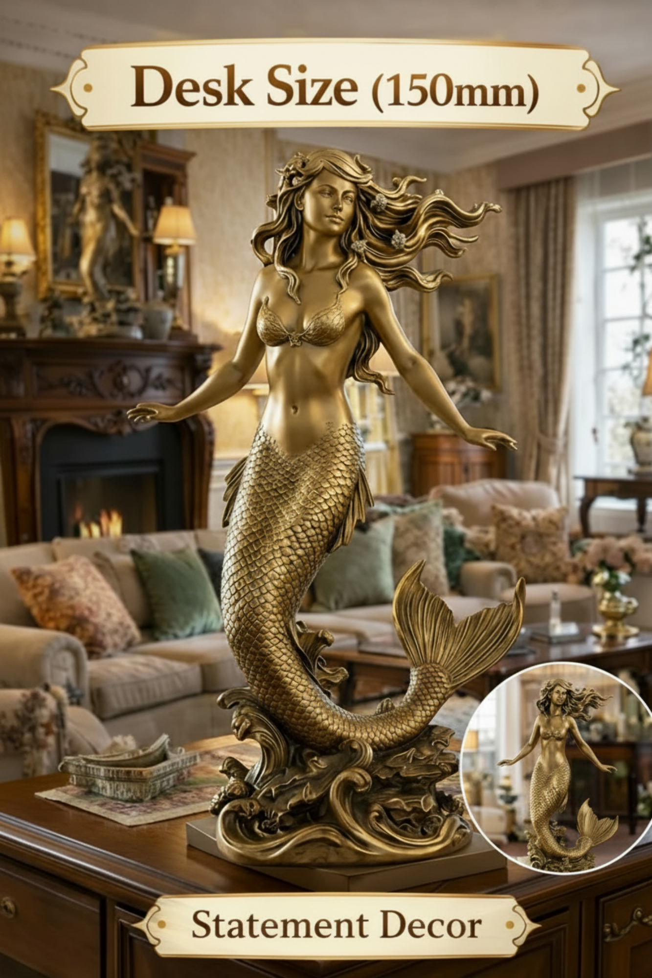 The Golden Mermaid Statue 150mm in gold finish by MokshaGoldSculptures, elegant ocean-themed desk decor.