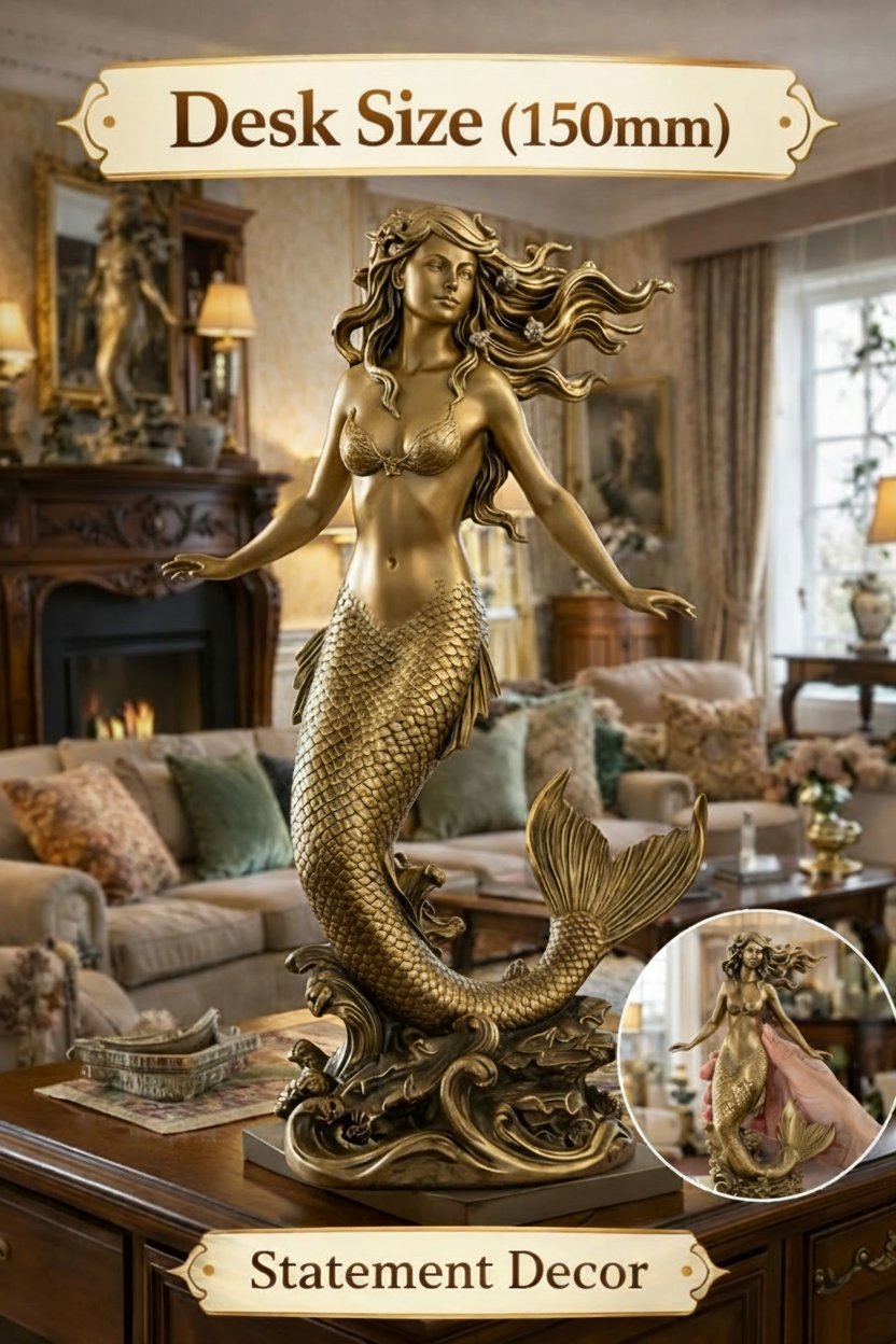 Golden Mermaid Statue, 150mm, by MokshaGoldSculptures in polished gold finish; elegant ocean desk decor.
