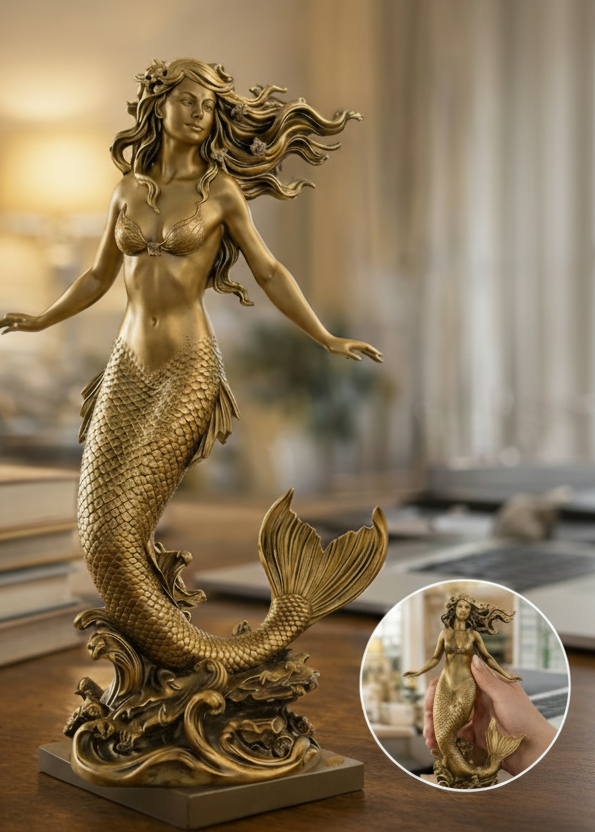 The Golden Mermaid Statue 150mm in gold finish by MokshaGoldSculptures, elegant mermaid figurine with flowing hair.