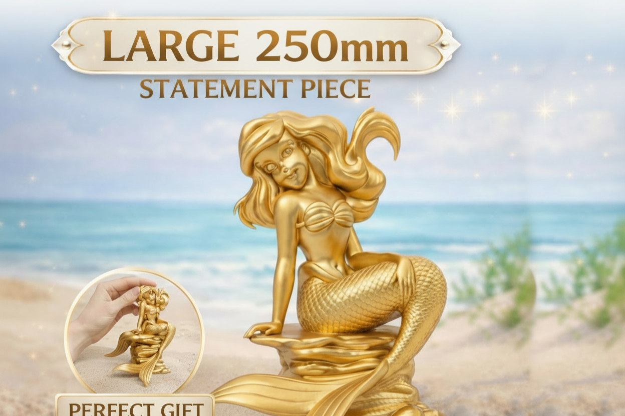 Golden Mermaid Statue 250mm | Large Ocean Decor Figurine | 3D Printed Mermaid Sculpture | Beach House Decor | Fantasy Gift