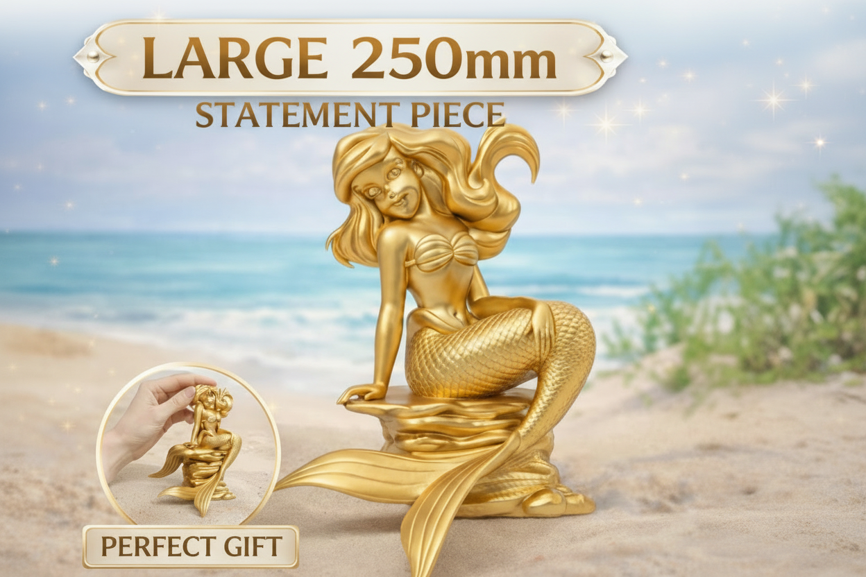 Golden Mermaid Statue 250mm | Large Ocean Decor Figurine | 3D Printed Mermaid Sculpture | Beach House Decor | Fantasy Gift