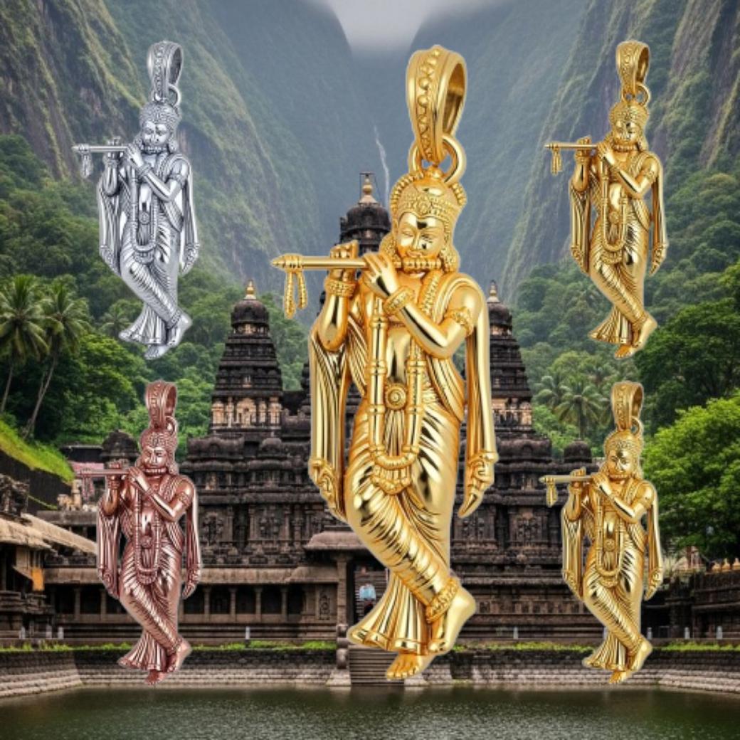 Lord Krishna Gold Pendant with Flute – Divine Full Figure Spiritual Jewelry