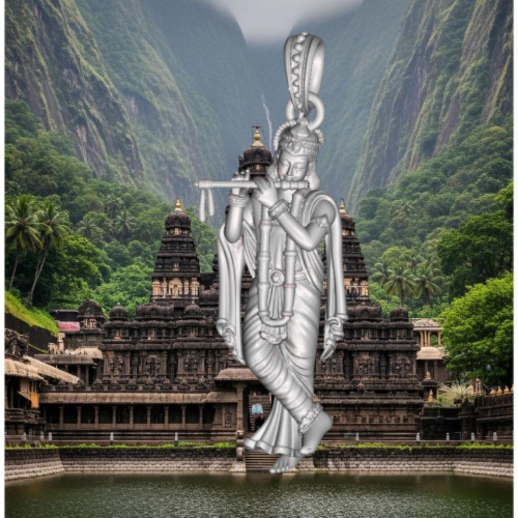 Lord Krishna Full Figure Pendant with Flute – Intricately Detailed Divine Sculpture in Silver or Brass