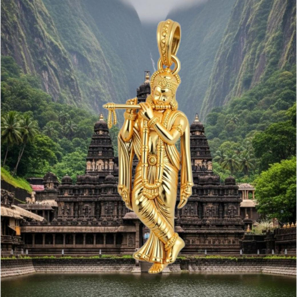 Lord Krishna Gold Pendant with Flute – Divine Full Figure Spiritual Jewelry