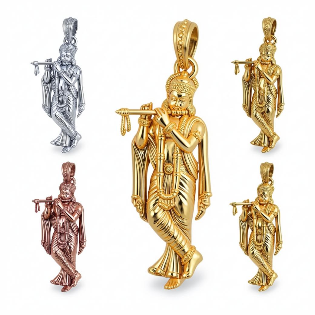 Lord Krishna Gold Pendant with Flute – Divine Full Figure Spiritual Jewelry