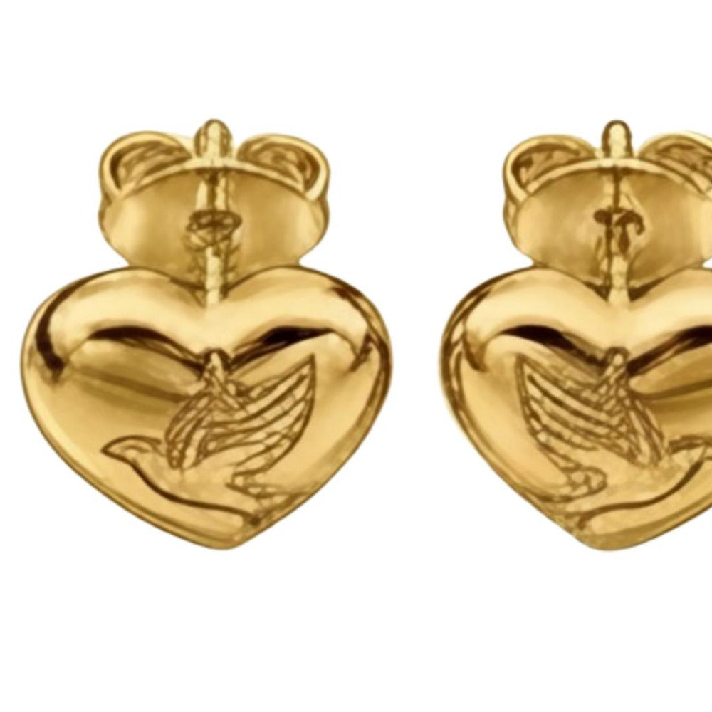 Gold Love Dove Heart Earrings, 14K 18K Gold Dove Studs, Romantic Heart Earrings, Bird Jewelry, Anniversary Gift for Her, Fine Gold Jewelry
