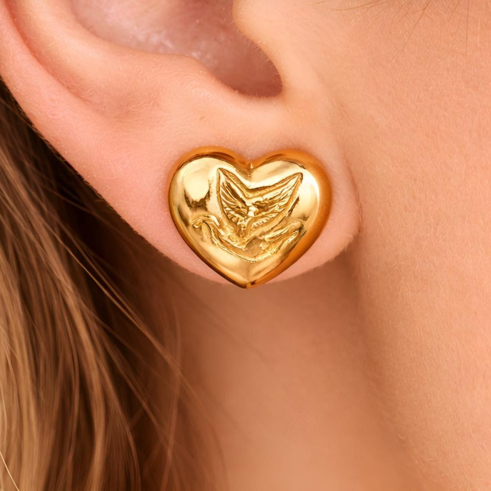 Love Dove Heart Stud Earrings | 925 Sterling Silver & Brass | Romantic Jewellery