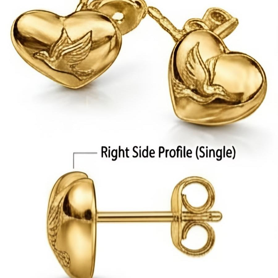 Gold Love Dove Heart Earrings, 14K 18K Gold Dove Studs, Romantic Heart Earrings, Bird Jewelry, Anniversary Gift for Her, Fine Gold Jewelry