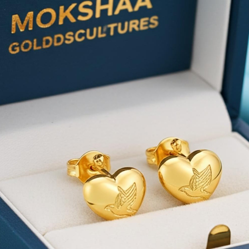 Gold Love Dove Heart Earrings, 14K 18K Gold Dove Studs, Romantic Heart Earrings, Bird Jewelry, Anniversary Gift for Her, Fine Gold Jewelry