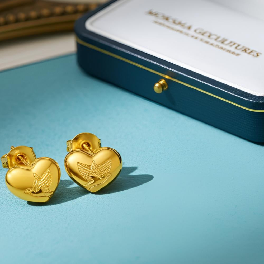 Gold Love Dove Heart Earrings, 14K 18K Gold Dove Studs, Romantic Heart Earrings, Bird Jewelry, Anniversary Gift for Her, Fine Gold Jewelry