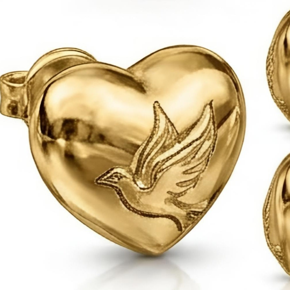 Gold Love Dove Heart Earrings, 14K 18K Gold Dove Studs, Romantic Heart Earrings, Bird Jewelry, Anniversary Gift for Her, Fine Gold Jewelry