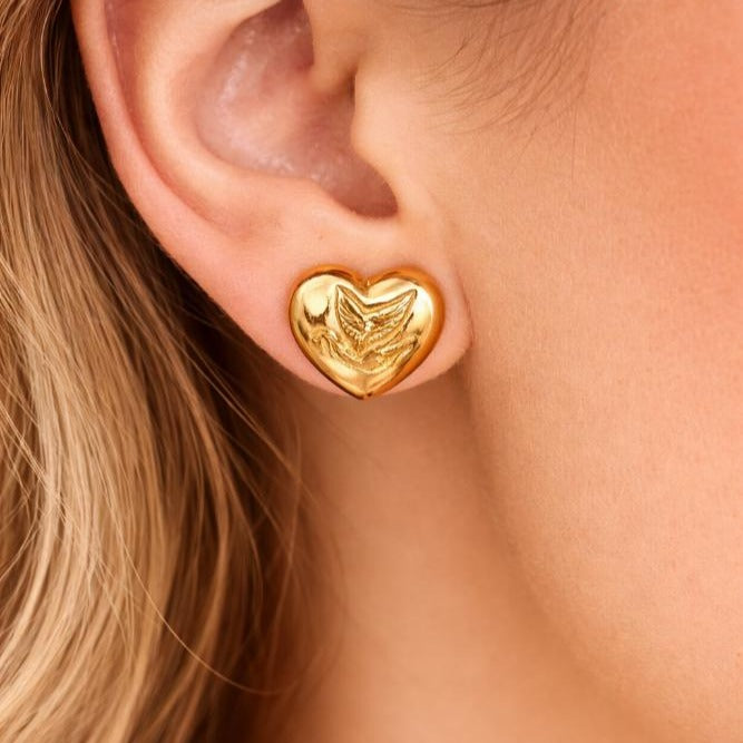 Gold Love Dove Heart Earrings, 14K 18K Gold Dove Studs, Romantic Heart Earrings, Bird Jewelry, Anniversary Gift for Her, Fine Gold Jewelry